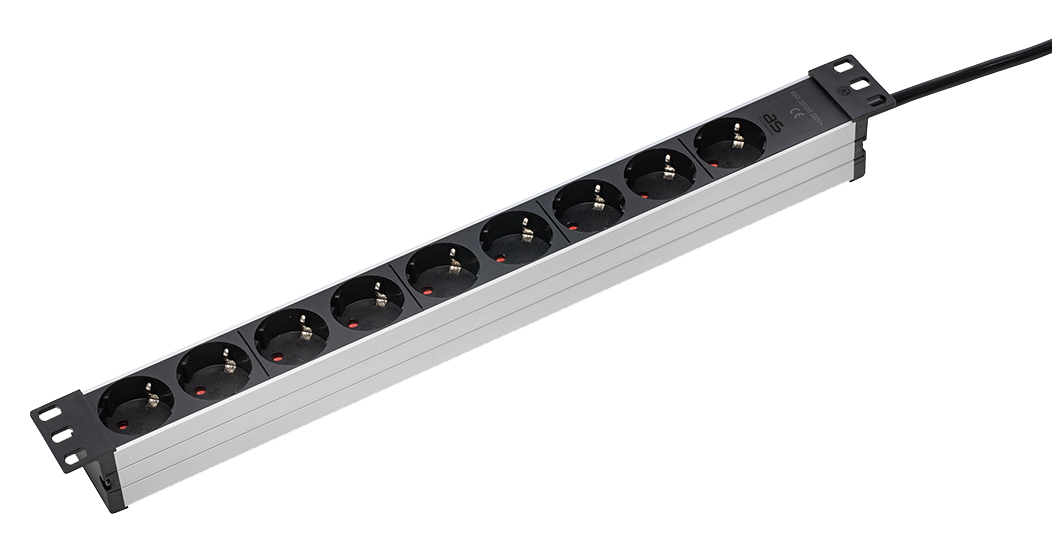 Schwabe Aluminium Stekkerdoos 19" Rack 9x randaarde kabel H05VV-F 3G1,5 zwart 2m