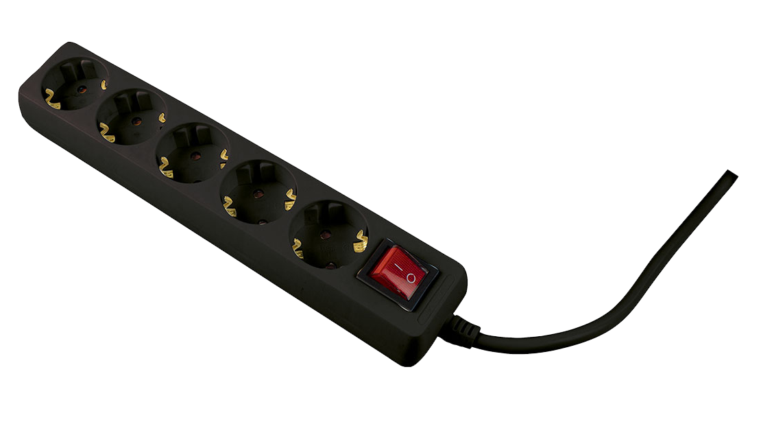 Schwabe Stekkerdoos 5x randaarde met schakelaar + platte stekker kabel H05VV-F 3G1,5 zwart 2m