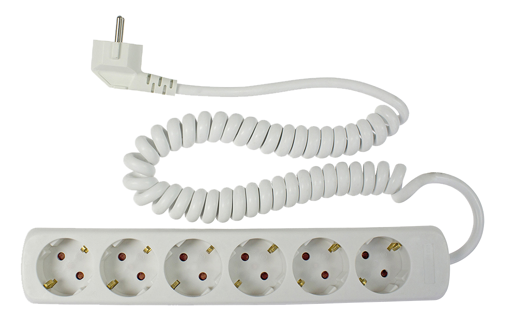 Schwabe Stekkerdoos 6x randaarde met haakse stekker + spiraalkabel H05VV-F 3G1,5 wit 2.5m