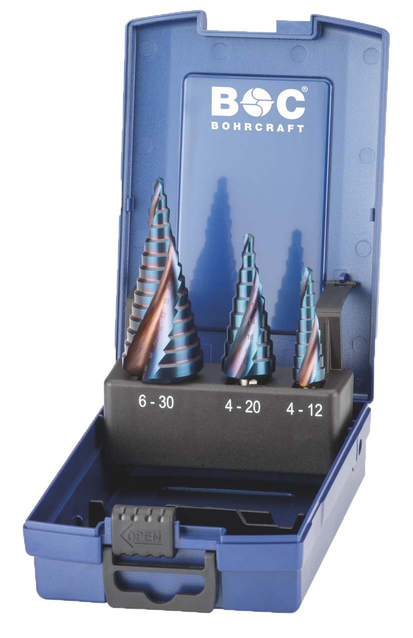 BC PB Trapborenset spiraalgroef HSS blue+ STB3-KS B+ 1/2A/3A, 3-delig