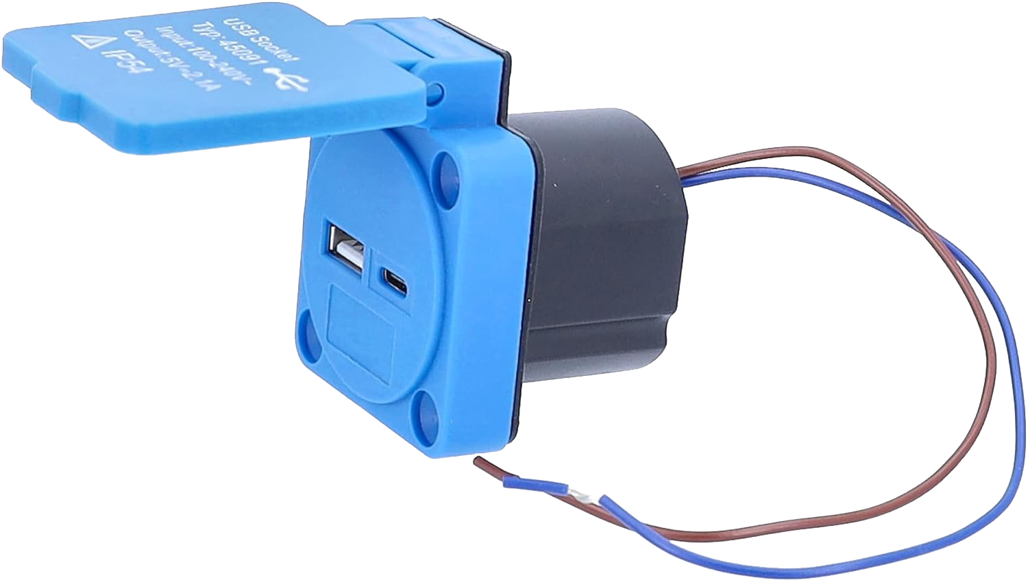 Schwabe Contactdoos USB blauw 1xUSB-A + 1xUSB-C 5V 2.1A DC scharnierend deksel IP54
