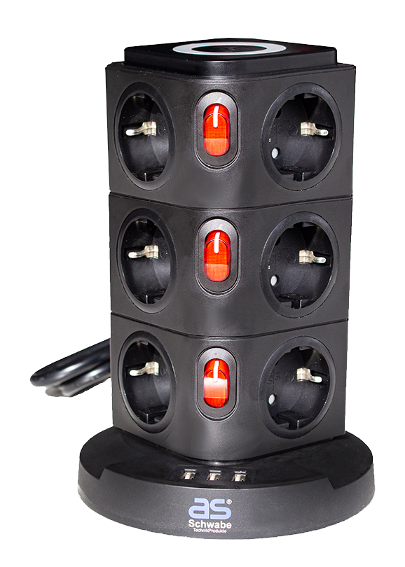 Schwabe Stekkertoren 12 x randaarde 3 x USB met inductielader 2m kabel