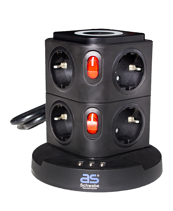 Schwabe Stekkertoren 8 x randaarde 3 x USB met inductielader 2m kabel