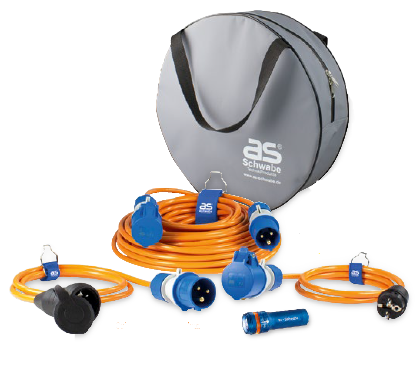 Schwabe Camping Set: Powerlight Verlengkabel H07BQ-F 3G2,5 25m + verloopkabels + zaklamp