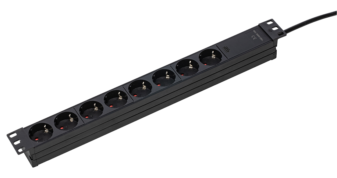 Schwabe Kunststof Stekkerdoos 19" Rack 8x randaarde kabel H05VV-F 3G1,5 zwart 3m
