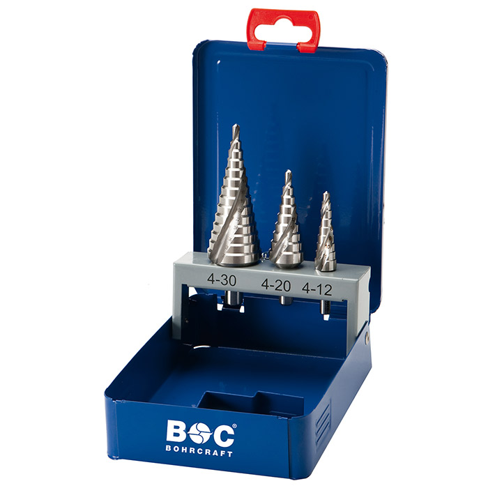 BC Trappenboorset HSS-E Co5 STB3 S-Co Spiraalgroef 1/2A/3A, 3-delig in metalen box