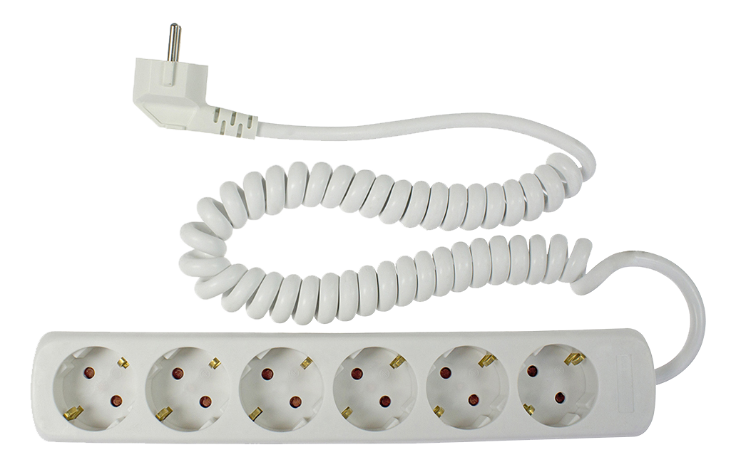 Schwabe Stekkerdoos 6x randaarde met haakse stekker + spiraalkabel H05VV-F 3G1,5 wit 2.5m