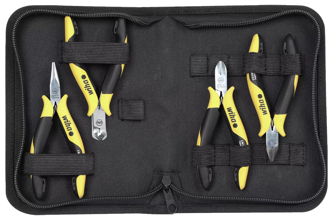 WIHA Tangenset Professional ESD Z99004: Zij-, Kopknip-, Punttang, in etui 5-delig