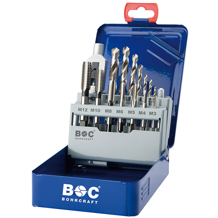 BC Machinetappenset kort HSS-G EGB15 M3-M12 + boren, 15-delig