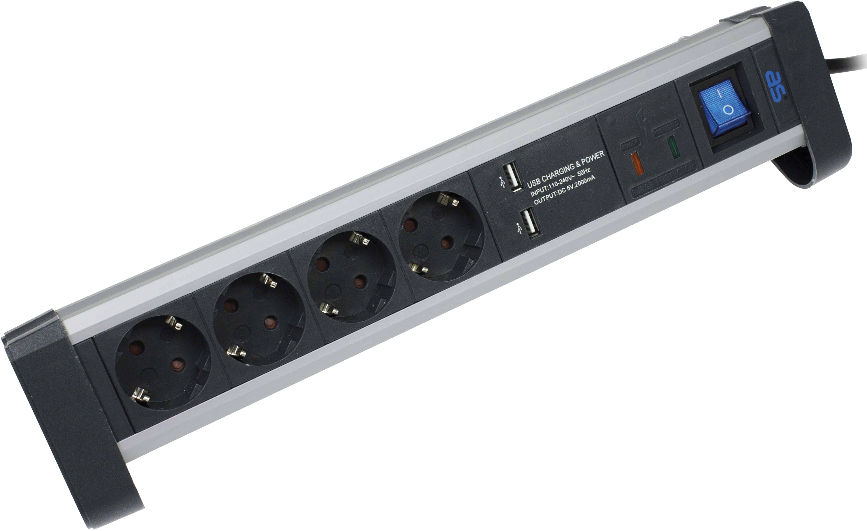 Schwabe Stekkerdoos 4x randaarde, 2x USB alu/zwart kabel 1,5m