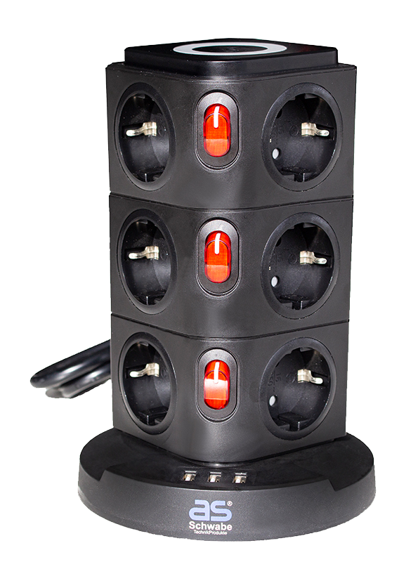 Schwabe Stekkertoren 12 x randaarde 3 x USB met inductielader 2m kabel