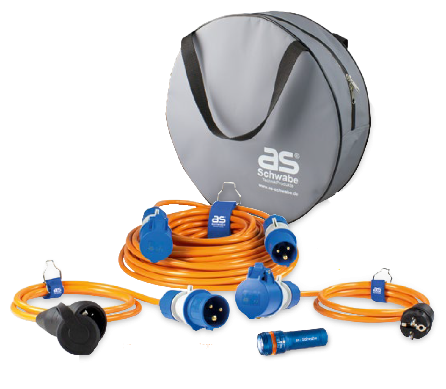 Schwabe Camping Set: Powerlight Verlengkabel H07BQ-F 3G2.5 25m + verloopkabels + zaklamp