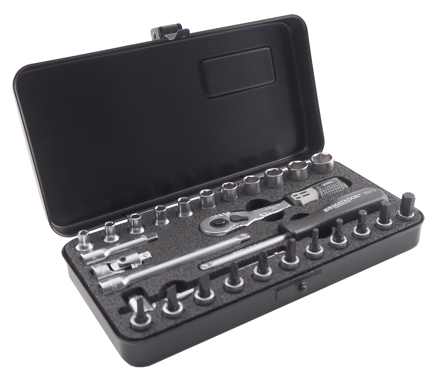 Matador 1/4" Dopsleutelset 4-13mm + Bitset in metalen kist, 28-delig