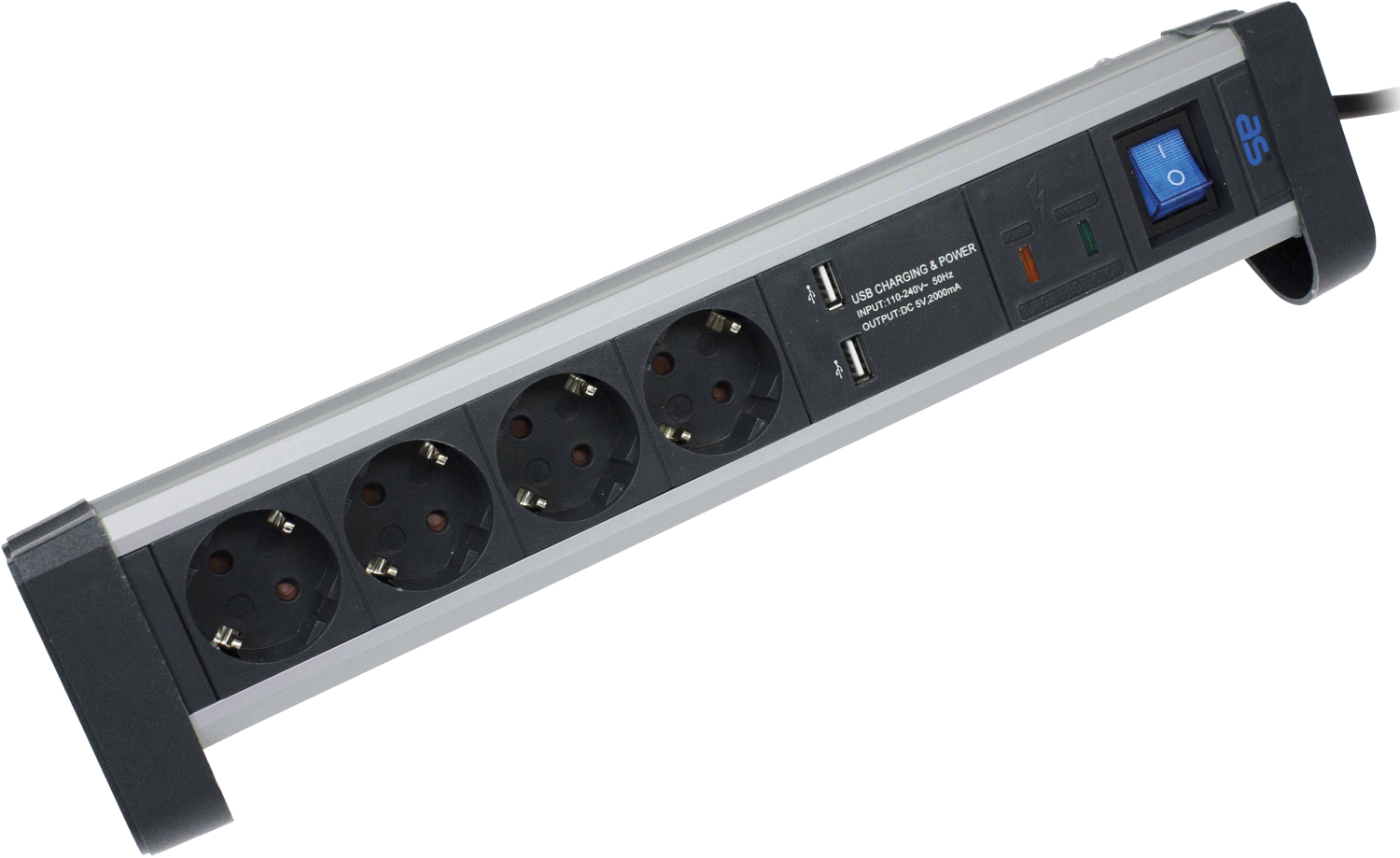 Schwabe Stekkerdoos 4x randaarde + 2x USB kabel H05VV-F 3G1,5 alu/zwart 1,5m