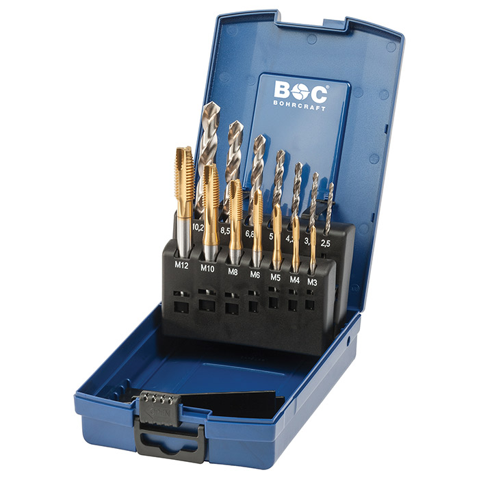 BC Machinetappenset HSS-E MGB 14G-K vorm B TiN M3-M12 + boren, 14-delig