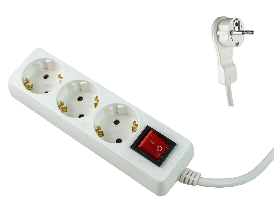 Schwabe Stekkerdoos 3x randaarde met schakelaar + platte stekker kabel H05VV-F 3G1,5 wit 2m