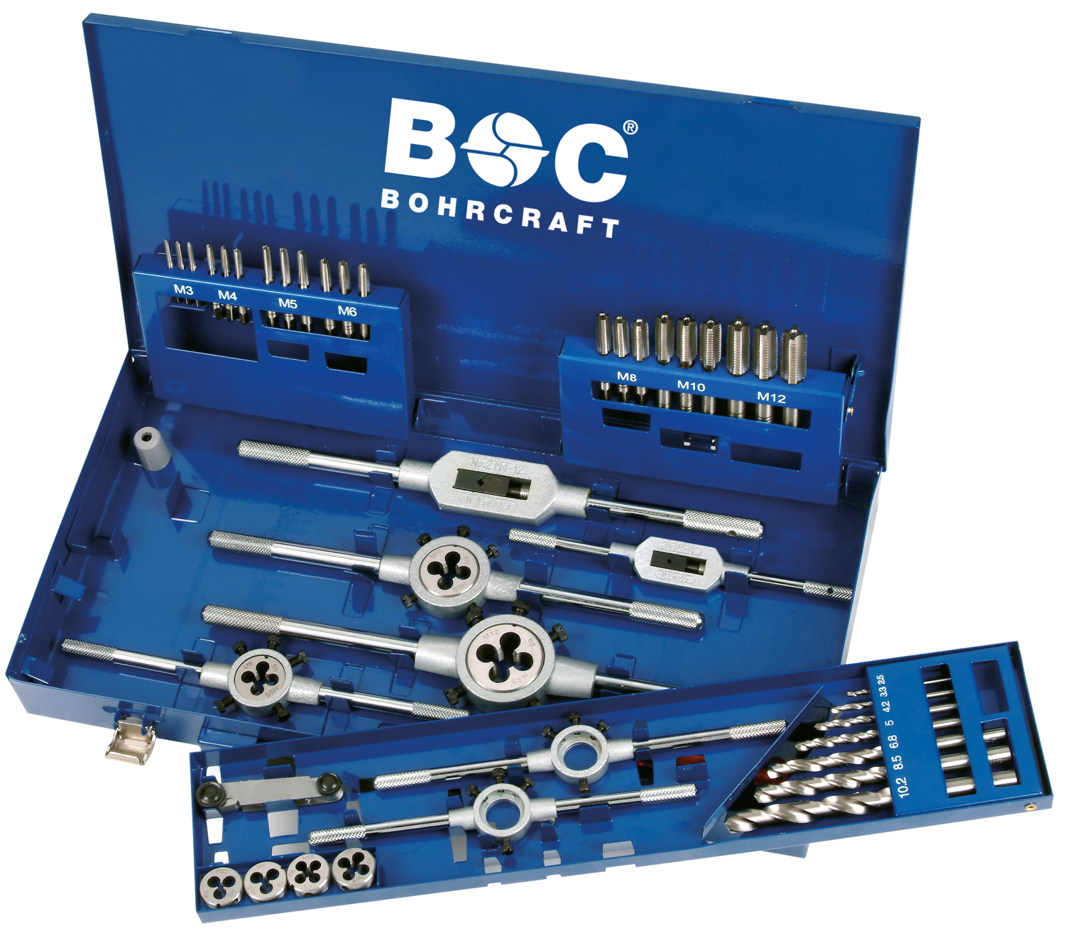 BC Draadsnijset GW12LH LINKS M3-M12 + toebehoren + boren, 44-delig n metalen cassette