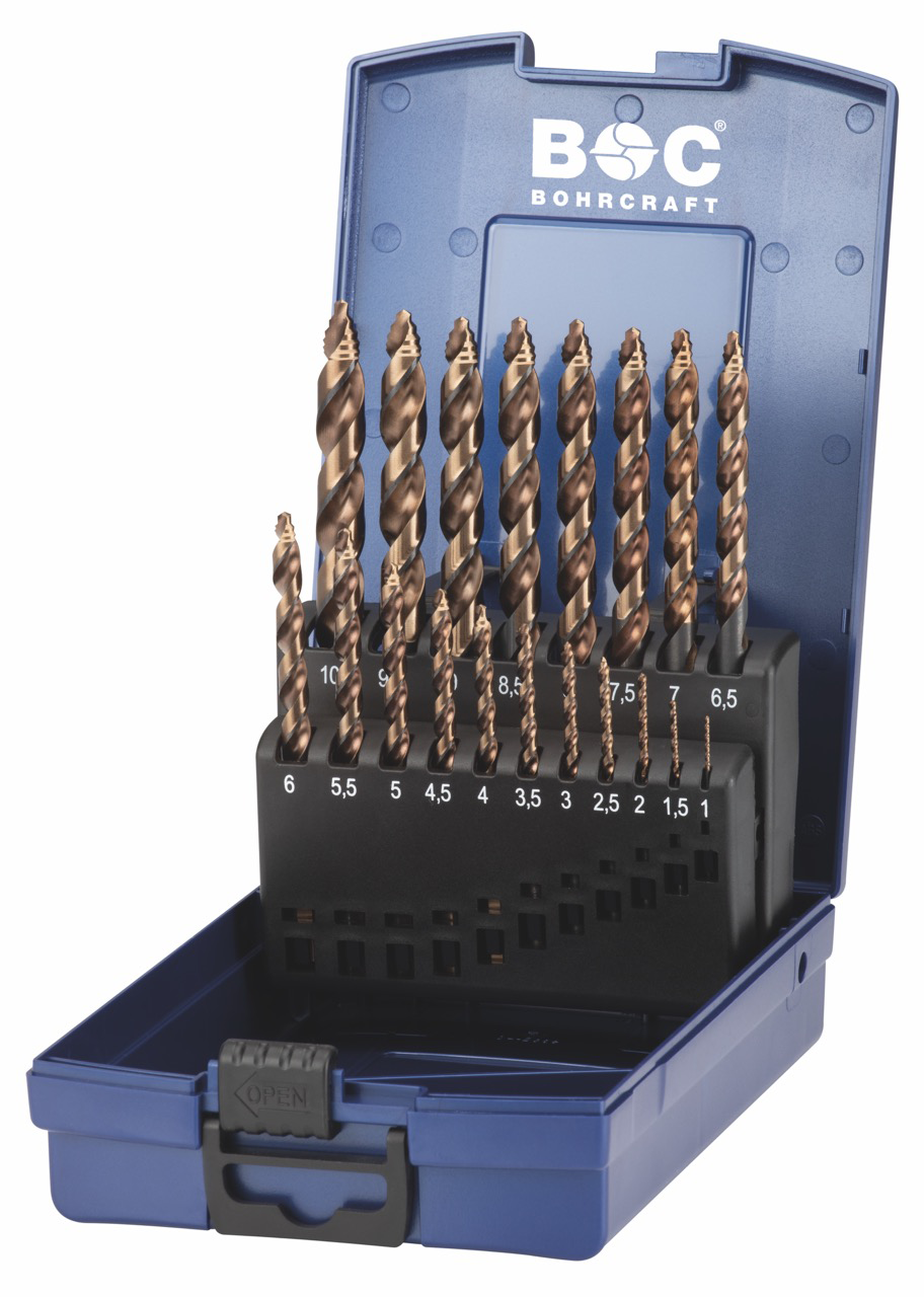 BC PP Spiraalborenset HSS-E Co 5% DIN 338 KE 10 T-STEP INOX Ø 1-10,0mm x 0,5, 19-delig