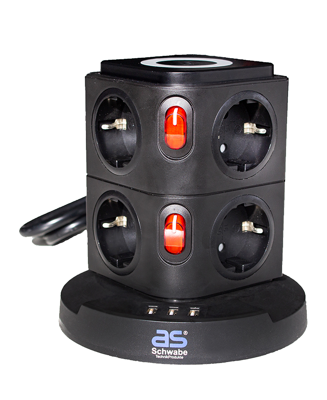 Schwabe Stekkertoren 8 x randaarde 3 x USB met inductielader 2m kabel