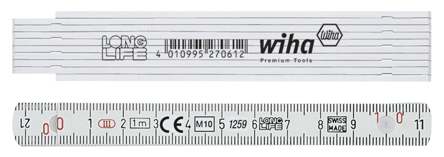 WIHA Longlife Duimstok 410 1000 metrisch 10 delen (wit) 13mm/1m